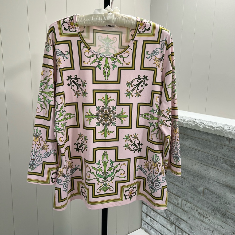 J. McLaughlin Catalina Cloth Pink Green Geometric Repeat Print Signature Tee XL